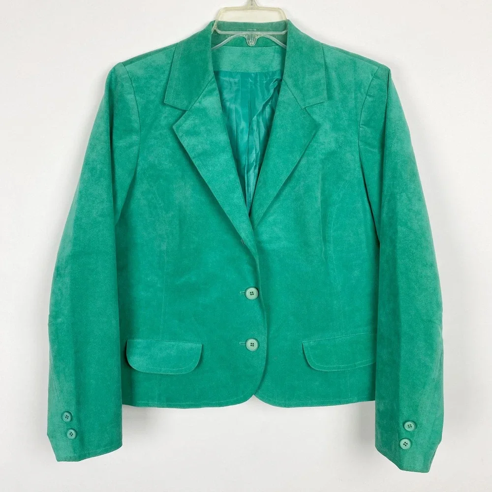 Ultrasuede Vintage Tailored 3-Button Flap Pocket Blazer Jacket Womens 12 Green